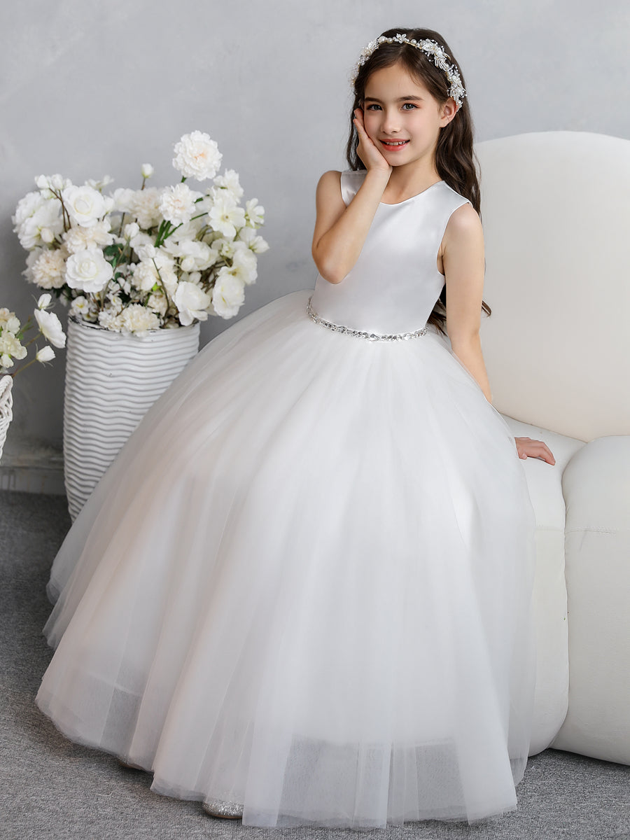 Crew Neck Tulle Flower Girl Dresses with Bowknot & Beading Waist