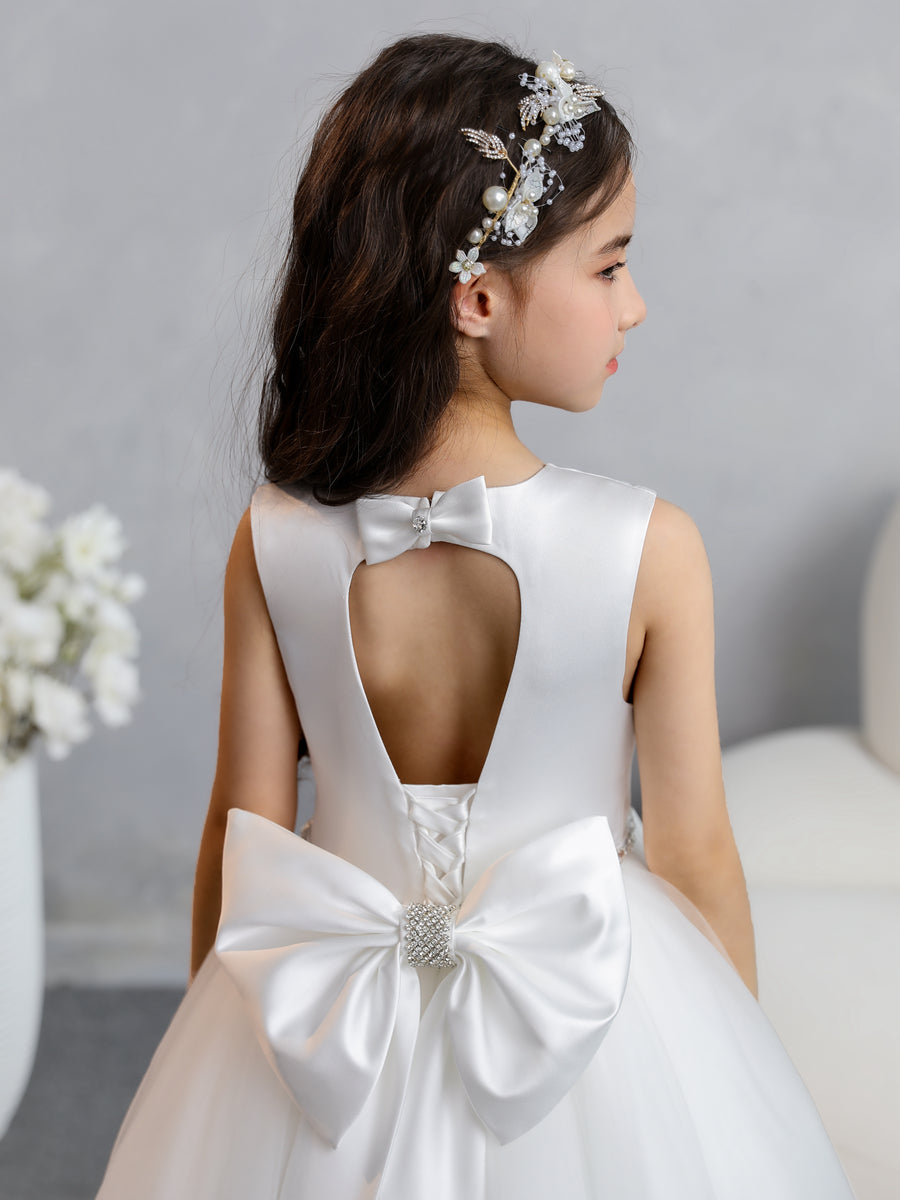 Crew Neck Tulle Flower Girl Dresses with Bowknot & Beading Waist