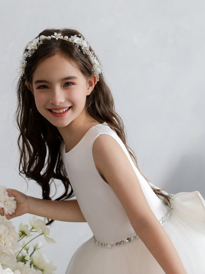 Crew Neck Tulle Flower Girl Dresses with Bowknot & Beading Waist