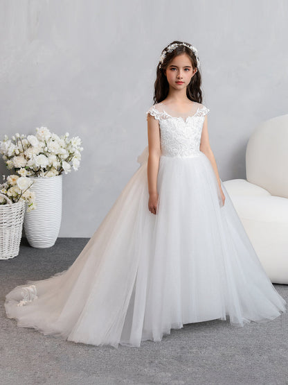 Crew Neck Tulle Flower Girl Dresses with Applique & Bowknot