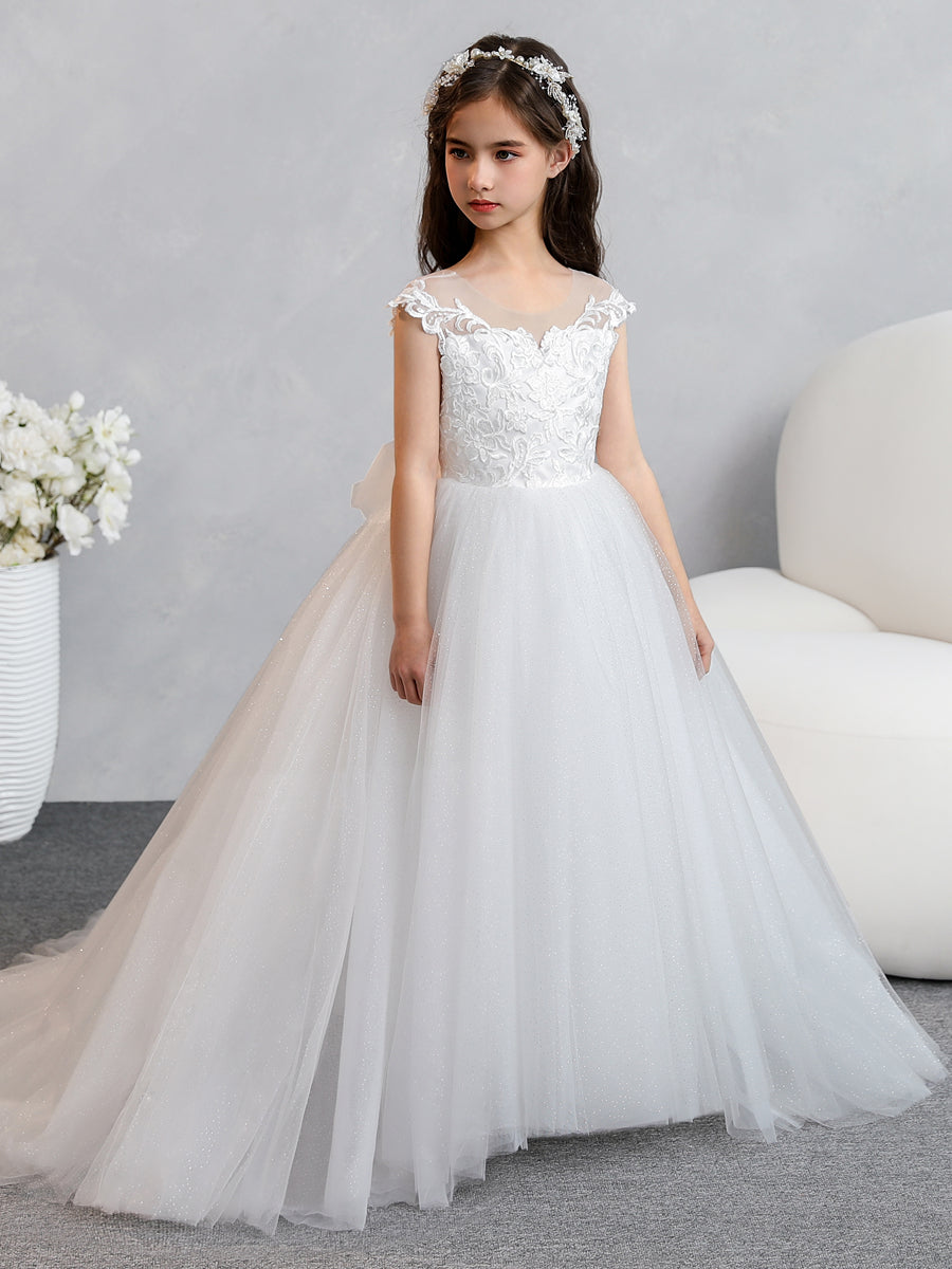 Crew Neck Tulle Flower Girl Dresses with Applique & Bowknot