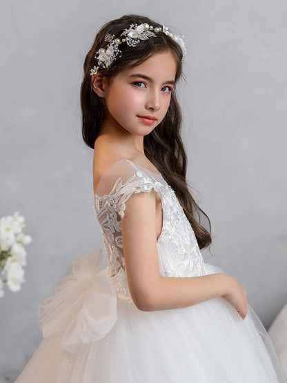 Crew Neck Tulle Flower Girl Dresses with Applique & Bowknot