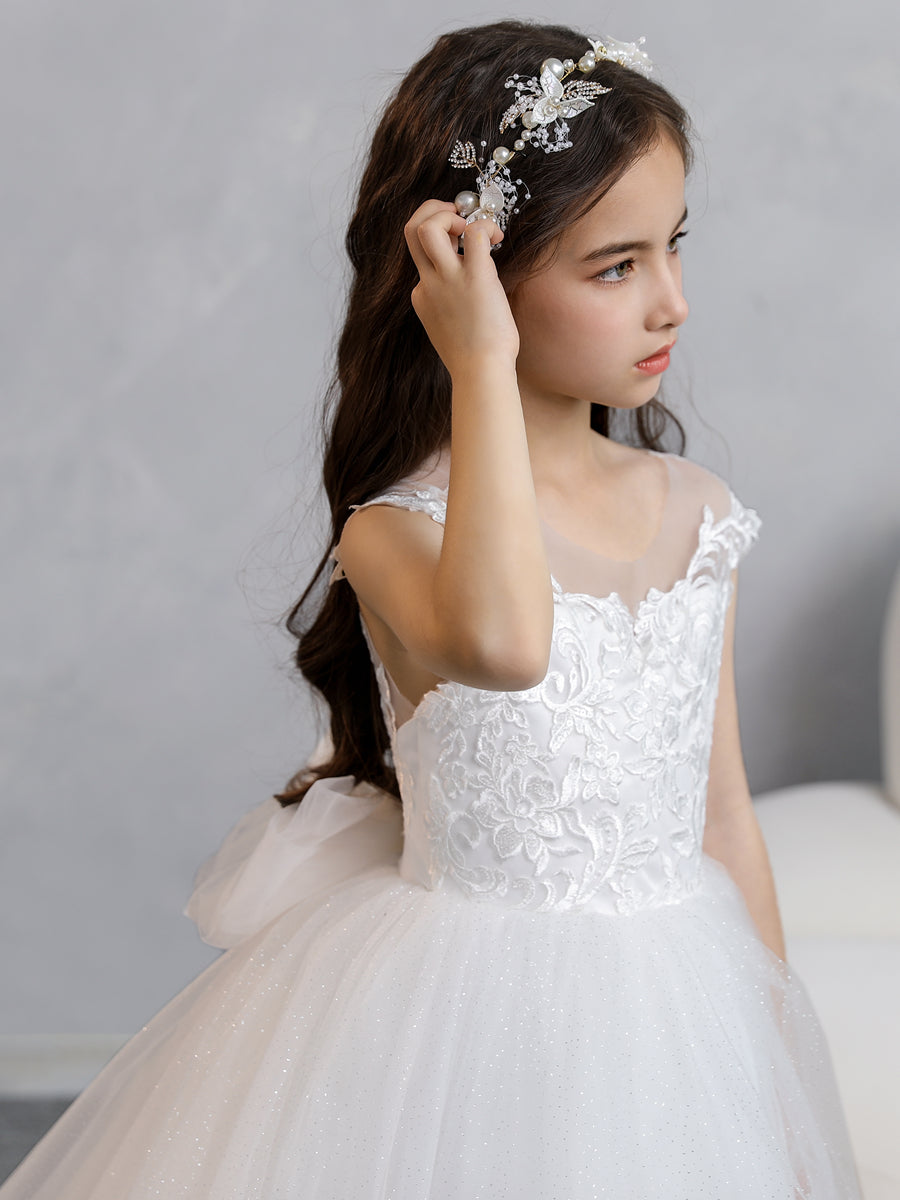 Crew Neck Tulle Flower Girl Dresses with Applique & Bowknot