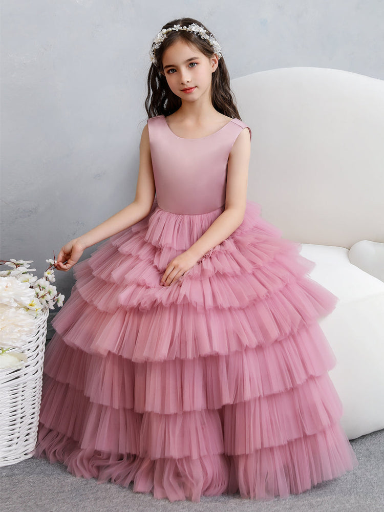Crew Neck Satin Tulle Flower Girl Dresses with Tiered Pleats &  Bowknot-Lavetir