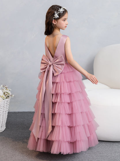 Crew Neck Satin Tulle Flower Girl Dresses with Tiered Pleats & Bowknot