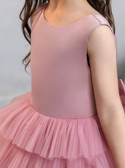 Crew Neck Satin Tulle Flower Girl Dresses with Tiered Pleats & Bowknot