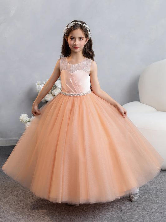 Crew Neck Lace Tulle Flower Girl Dresses with Pearls & Bowknot