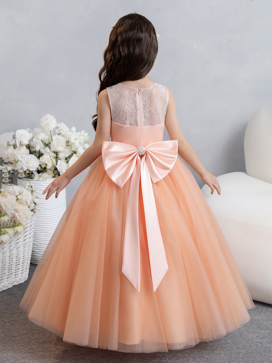 Crew Neck Lace Tulle Flower Girl Dresses with Pearls & Bowknot