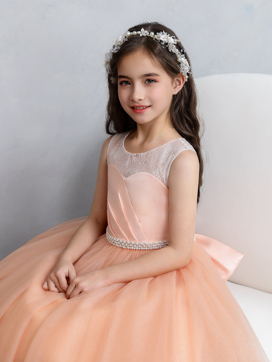 Crew Neck Lace Tulle Flower Girl Dresses with Pearls & Bowknot