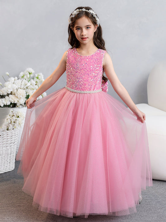 Tulle Ball Gown/Princess Sequins Flower Girl Dresses With Pearls & Bowknot