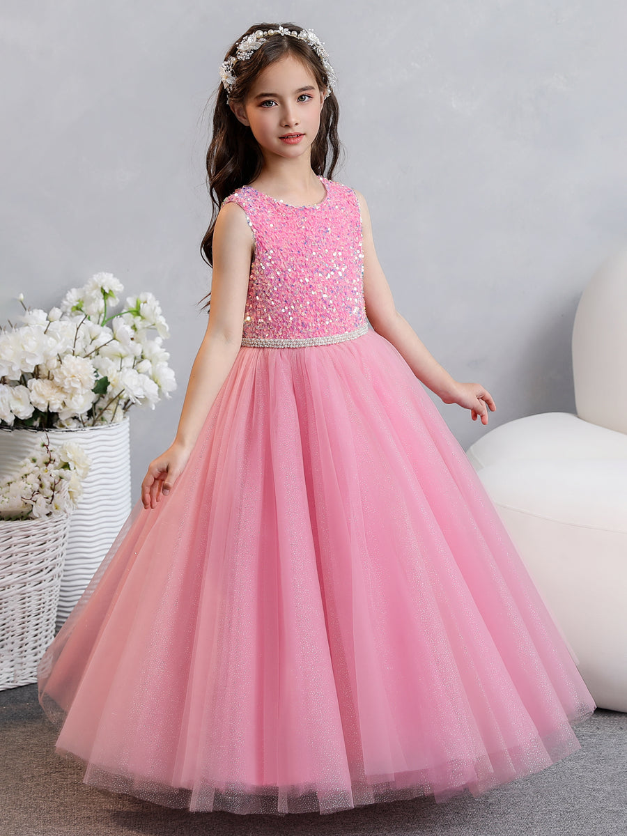 Tulle Ball Gown/Princess Sequins Flower Girl Dresses With Pearls & Bowknot