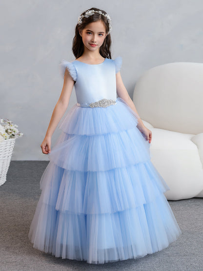 Tulle Ball Gown/Princess Flower Girl Dresses With Tiered Pleats & Rhinestones