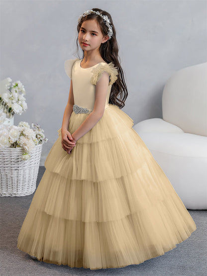 Tulle Ball Gown/Princess Flower Girl Dresses With Tiered Pleats & Rhinestones