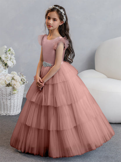 Tulle Ball Gown/Princess Flower Girl Dresses With Tiered Pleats & Rhinestones