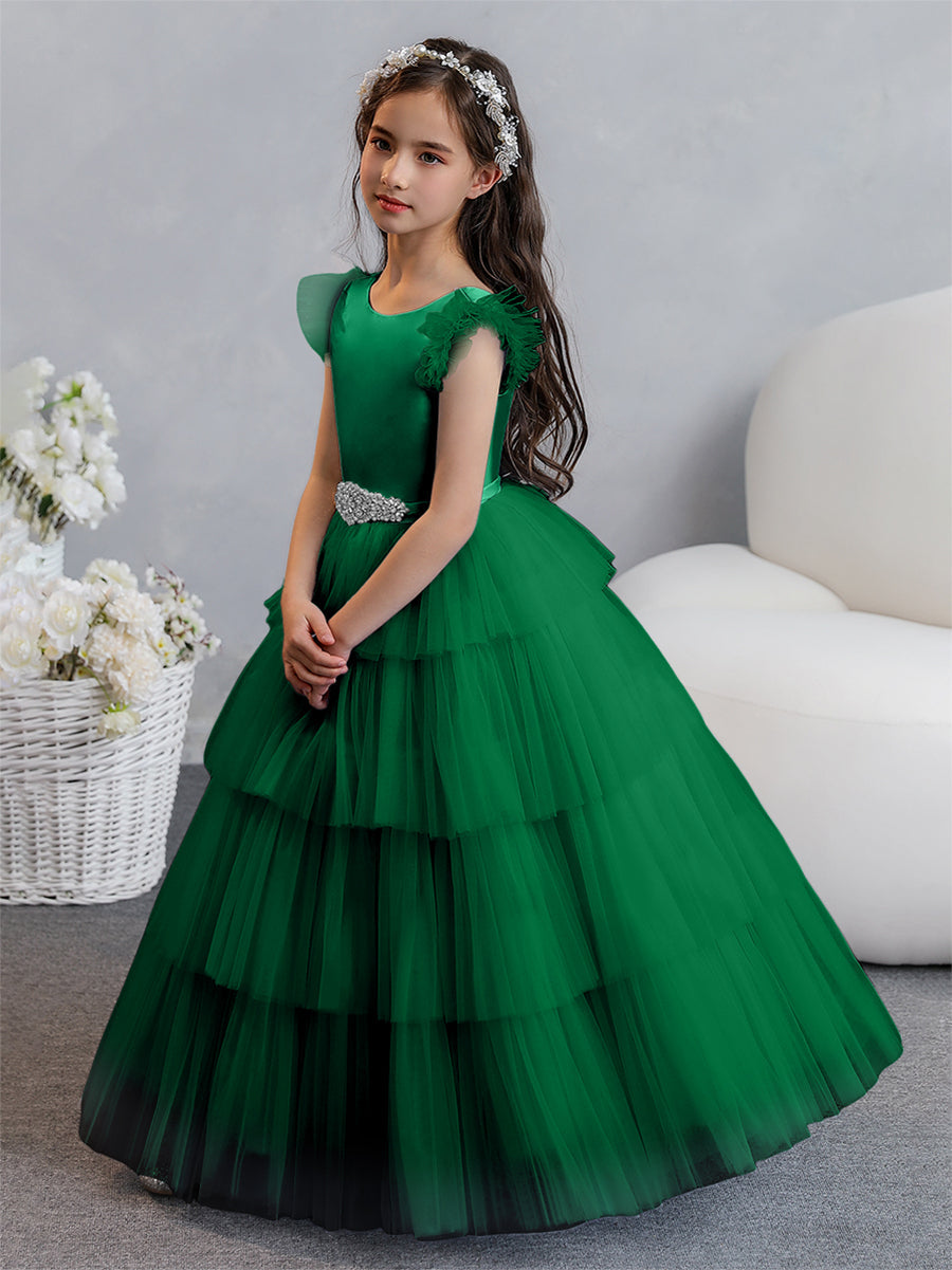 Tulle Ball Gown/Princess Flower Girl Dresses With Tiered Pleats & Rhinestones