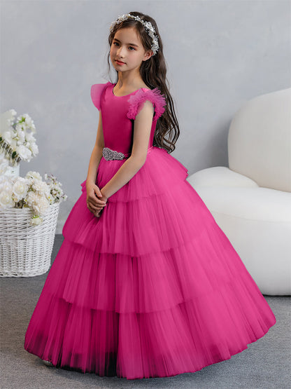 Tulle Ball Gown/Princess Flower Girl Dresses With Tiered Pleats & Rhinestones