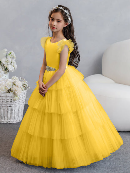 Tulle Ball Gown/Princess Flower Girl Dresses With Tiered Pleats & Rhinestones