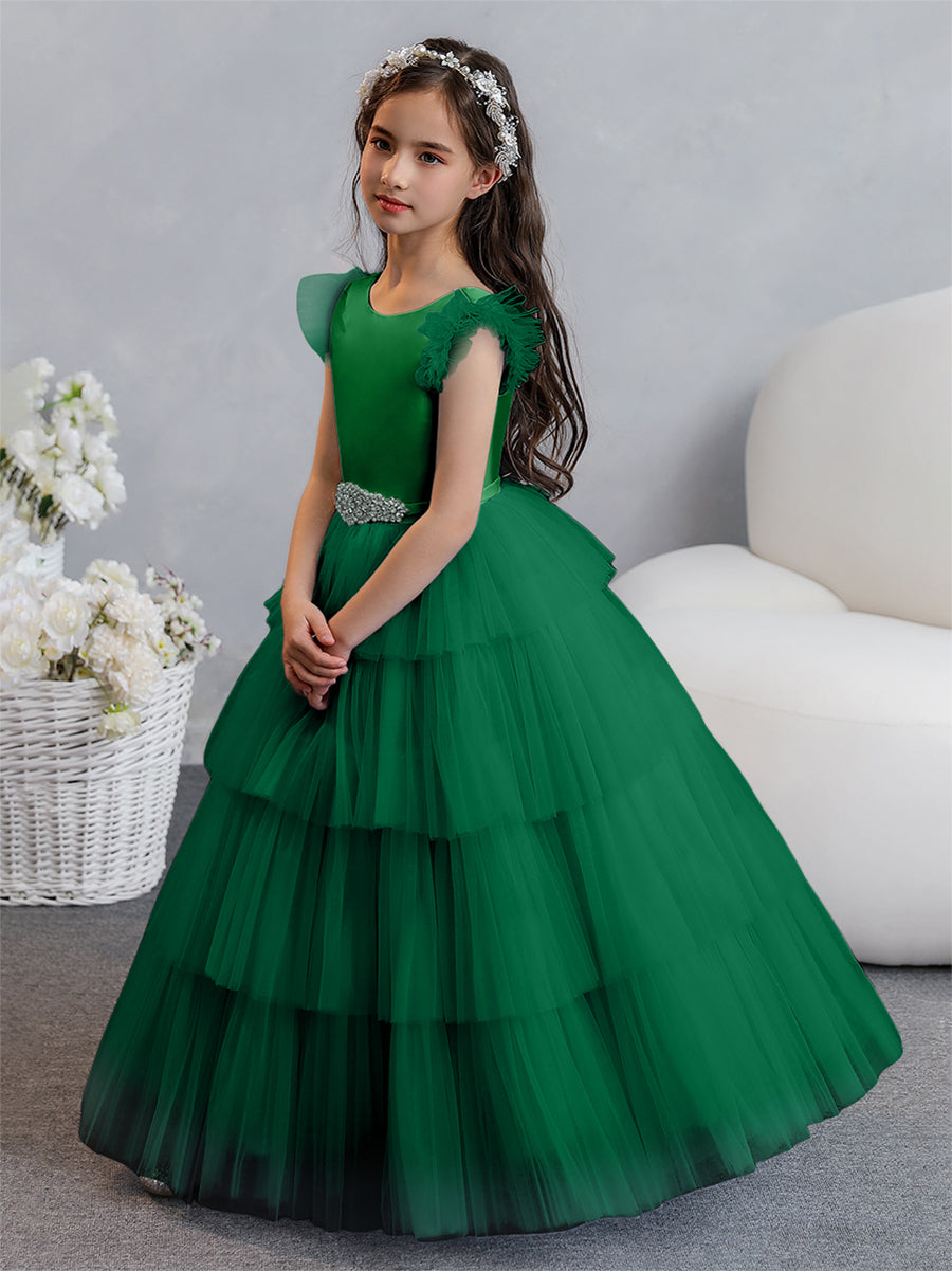 Tulle Ball Gown/Princess Flower Girl Dresses With Tiered Pleats & Rhinestones