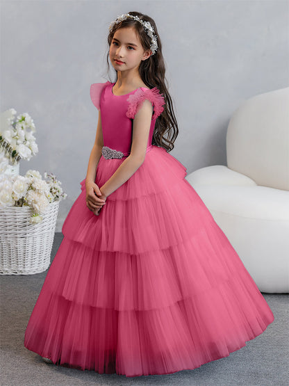 Tulle Ball Gown/Princess Flower Girl Dresses With Tiered Pleats & Rhinestones