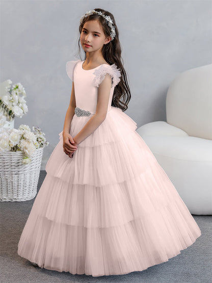 Tulle Ball Gown/Princess Flower Girl Dresses With Tiered Pleats & Rhinestones