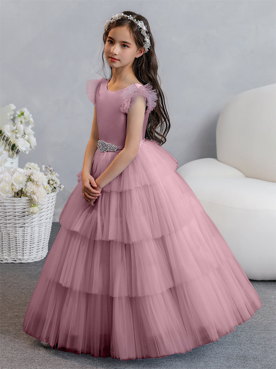 Tulle Ball Gown/Princess Flower Girl Dresses With Tiered Pleats & Rhinestones