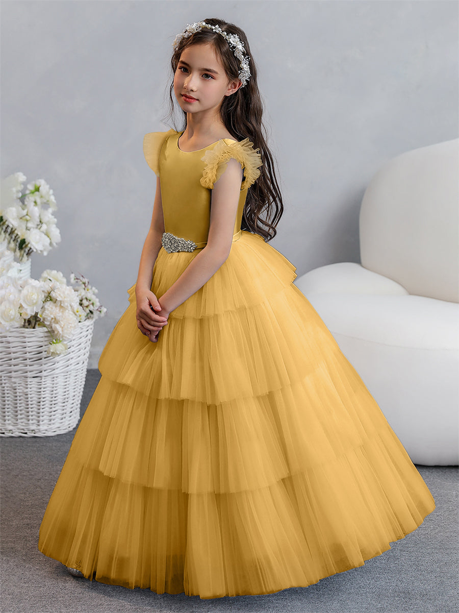 Tulle Ball Gown/Princess Flower Girl Dresses With Tiered Pleats & Rhinestones