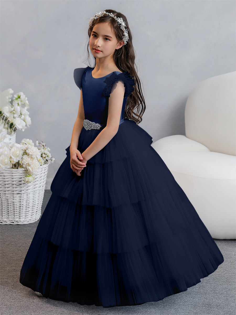 Tulle Ball Gown/Princess Flower Girl Dresses With Tiered Pleats & Rhinestones