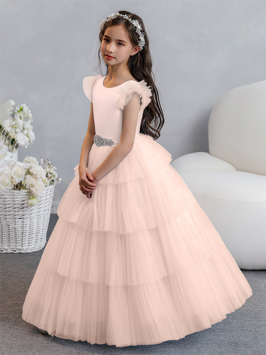 Tulle Ball Gown/Princess Flower Girl Dresses With Tiered Pleats & Rhinestones