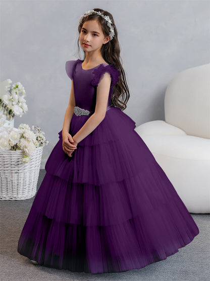 Tulle Ball Gown/Princess Flower Girl Dresses With Tiered Pleats & Rhinestones