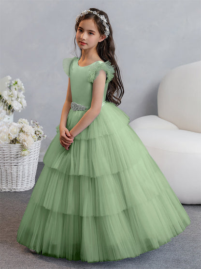 Tulle Ball Gown/Princess Flower Girl Dresses With Tiered Pleats & Rhinestones