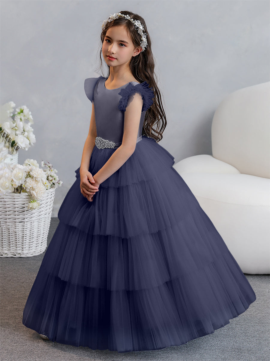 Tulle Ball Gown/Princess Flower Girl Dresses With Tiered Pleats & Rhinestones