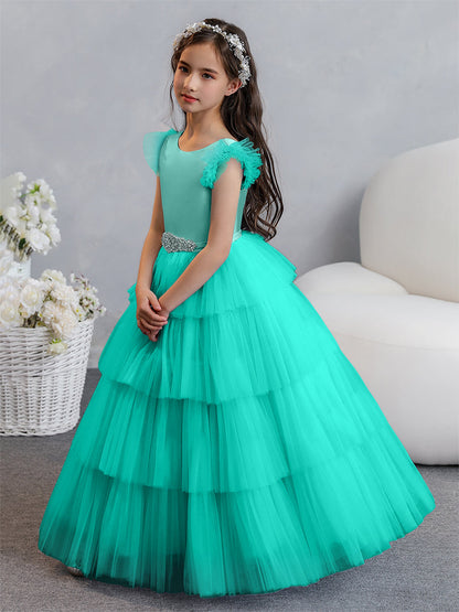 Tulle Ball Gown/Princess Flower Girl Dresses With Tiered Pleats & Rhinestones