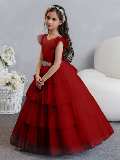 Tulle Ball Gown/Princess Flower Girl Dresses With Tiered Pleats & Rhinestones