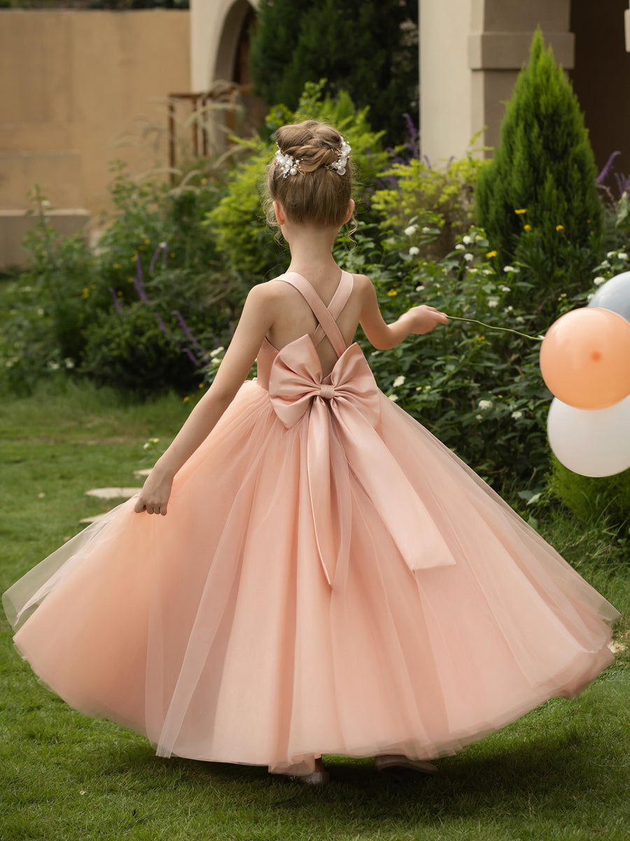 V-Neck Sleeveless Tulle Flower Girl Dresses with Satin Bowknot