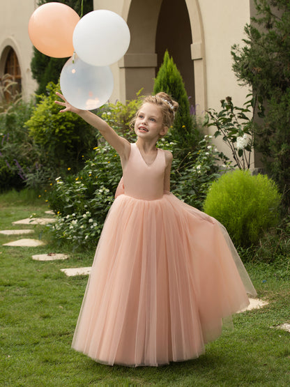 V-Neck Sleeveless Tulle Flower Girl Dresses with Satin Bowknot