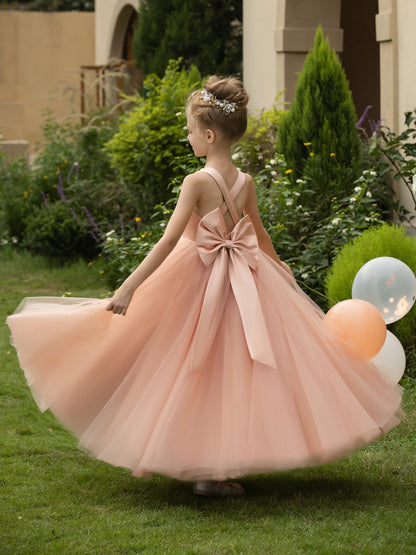 V-Neck Sleeveless Tulle Flower Girl Dresses with Satin Bowknot