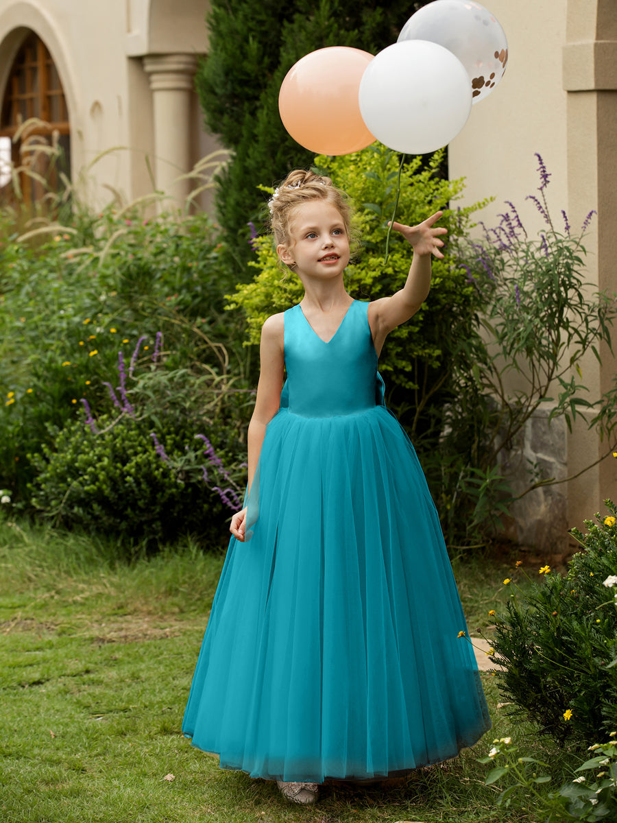 V-Neck Sleeveless Tulle Flower Girl Dresses with Satin Bowknot