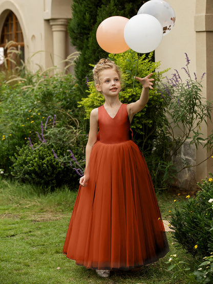 V-Neck Sleeveless Tulle Flower Girl Dresses with Satin Bowknot