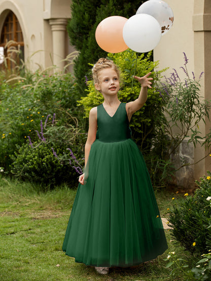 V-Neck Sleeveless Tulle Flower Girl Dresses with Satin Bowknot