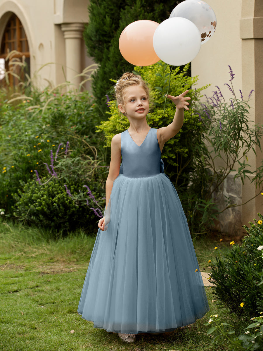 V-Neck Sleeveless Tulle Flower Girl Dresses with Satin Bowknot