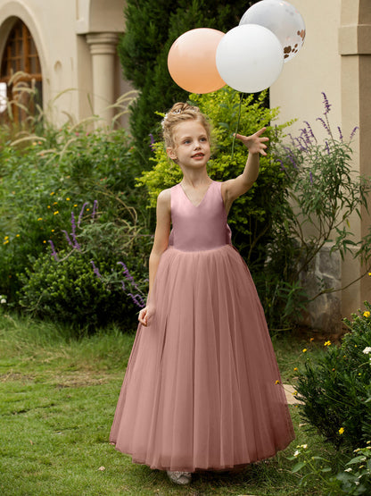 V-Neck Sleeveless Tulle Flower Girl Dresses with Satin Bowknot