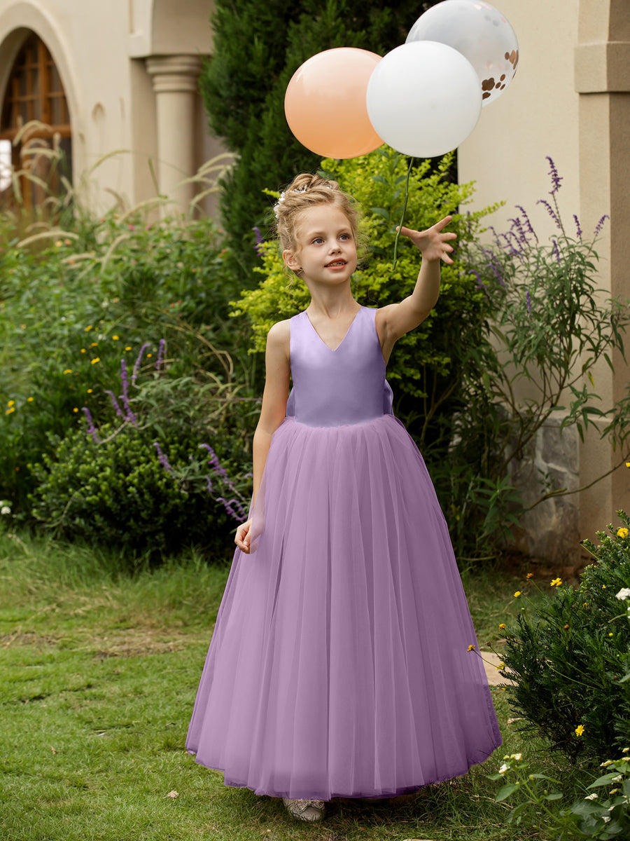 V-Neck Sleeveless Tulle Flower Girl Dresses with Satin Bowknot