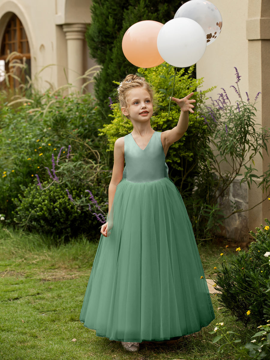 V-Neck Sleeveless Tulle Flower Girl Dresses with Satin Bowknot