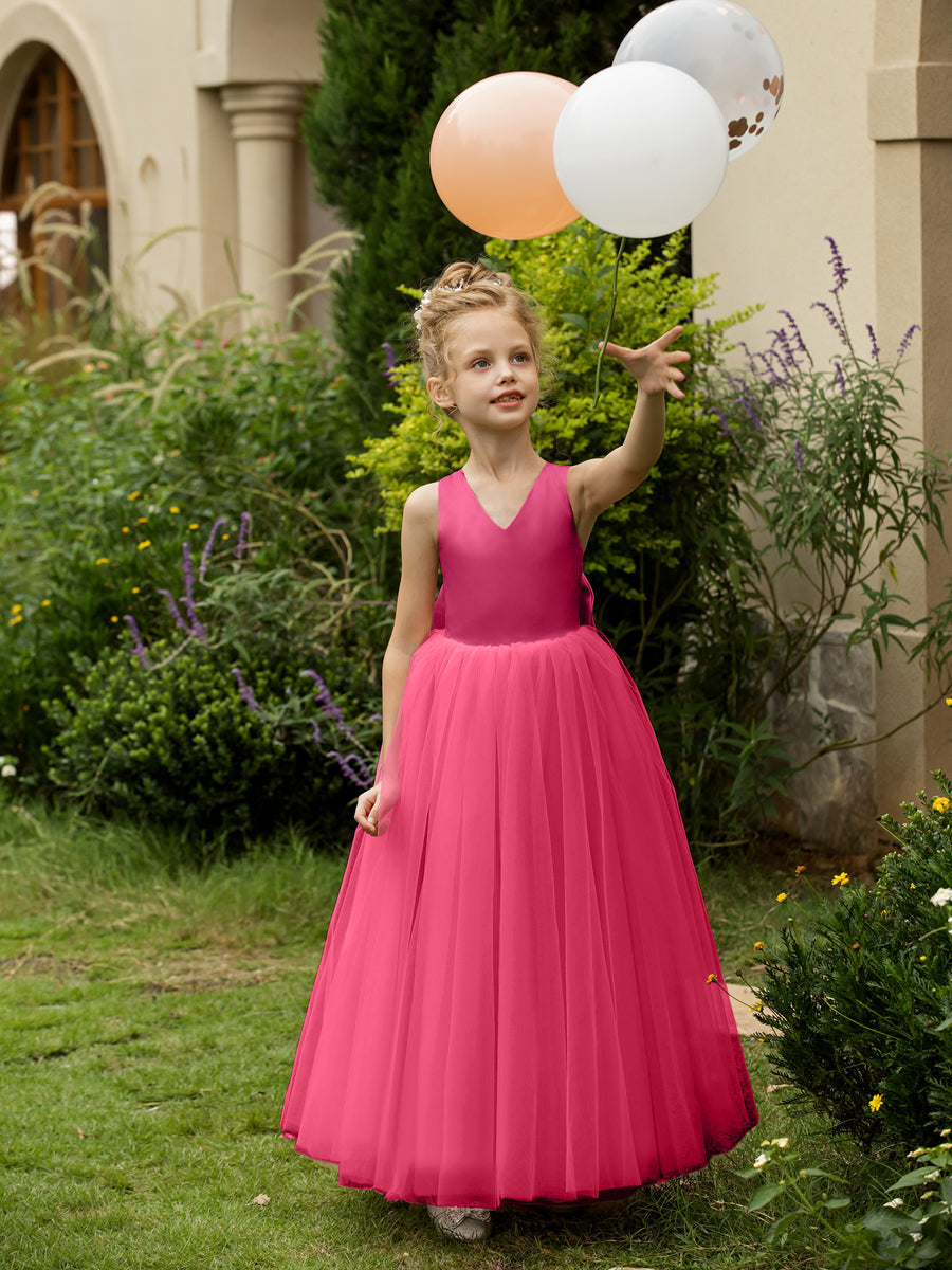 V-Neck Sleeveless Tulle Flower Girl Dresses with Satin Bowknot