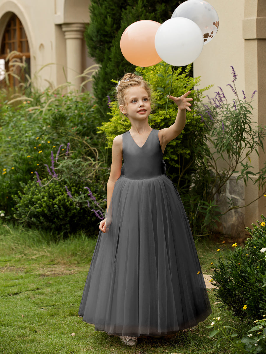 V-Neck Sleeveless Tulle Flower Girl Dresses with Satin Bowknot