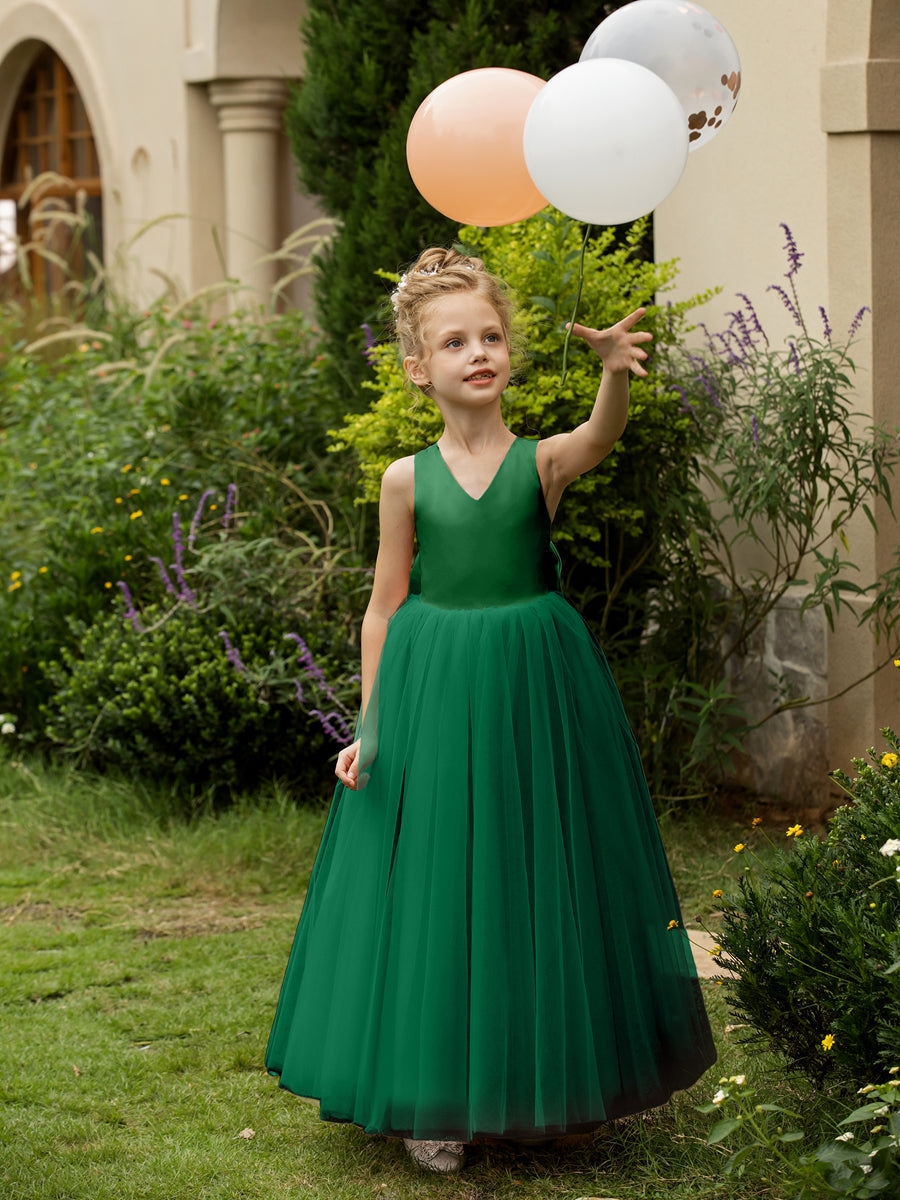 V-Neck Sleeveless Tulle Flower Girl Dresses with Satin Bowknot