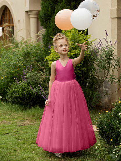 V-Neck Sleeveless Tulle Flower Girl Dresses with Satin Bowknot