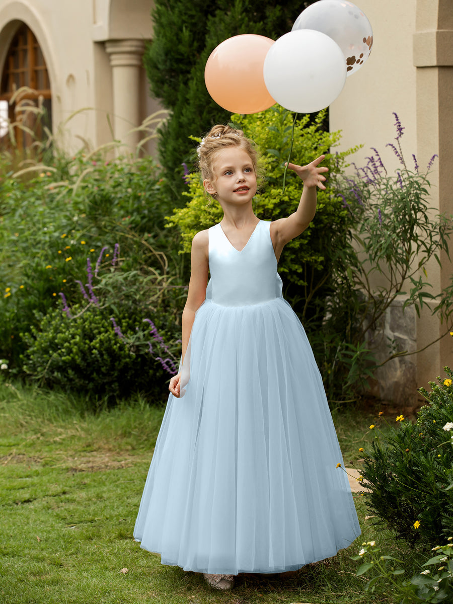 V-Neck Sleeveless Tulle Flower Girl Dresses with Satin Bowknot