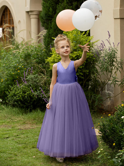 V-Neck Sleeveless Tulle Flower Girl Dresses with Satin Bowknot