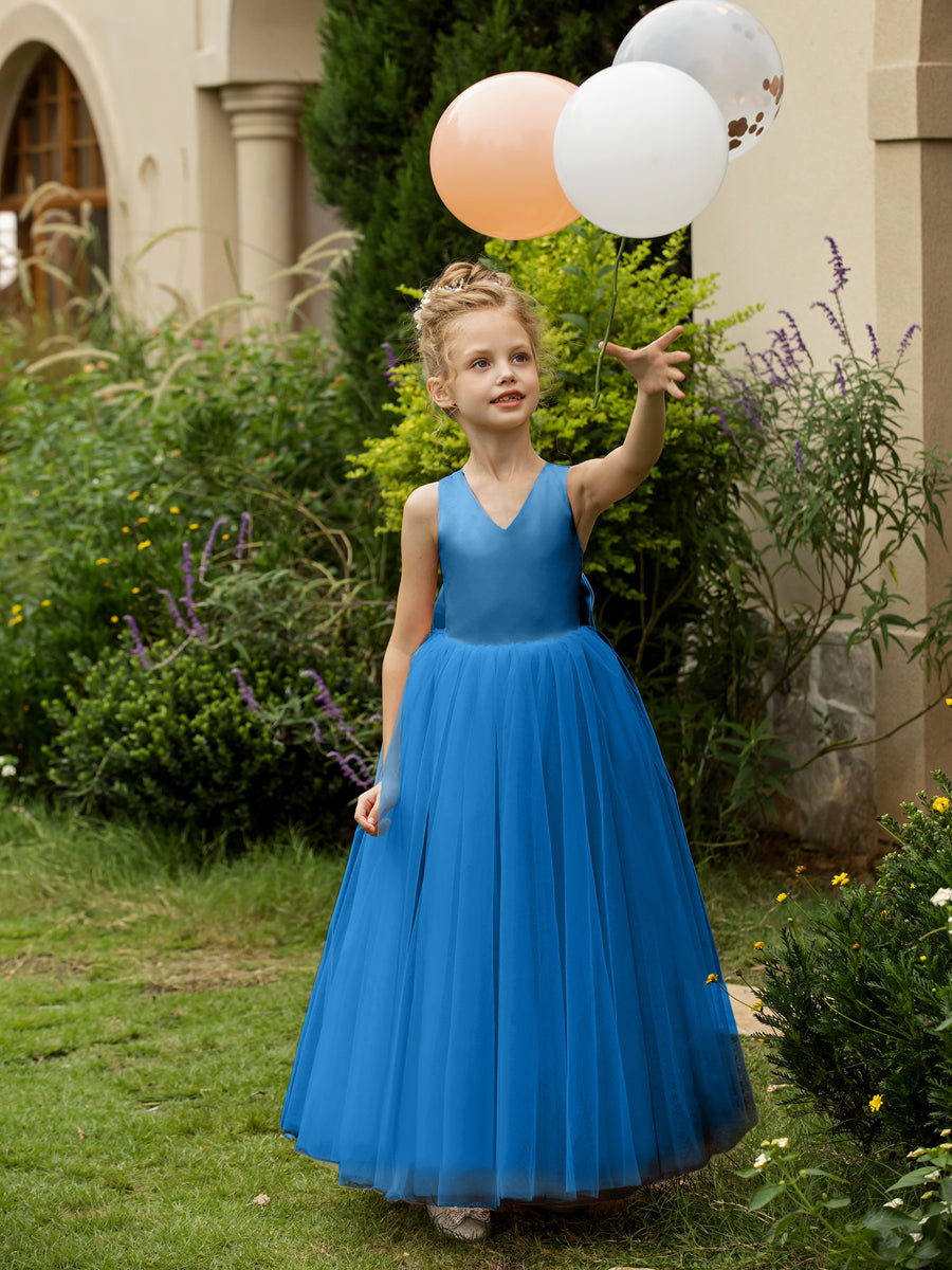 V-Neck Sleeveless Tulle Flower Girl Dresses with Satin Bowknot